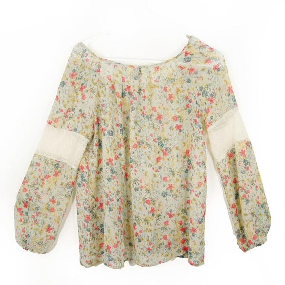 Vera Wang Princess Semi Sheer Floral Long Sleeve Lace Flowy Peasant Top - Picture 4 of 5